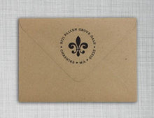 Fleur de Lis Personalized Self-inking Round Return Address Stamp on Envelope