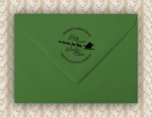 Here He Comes Personalized Self-inking Round Return Address Stamp on Envelope