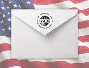 Vote Personalized Self-inking Round Return Address Stamp on Envelope